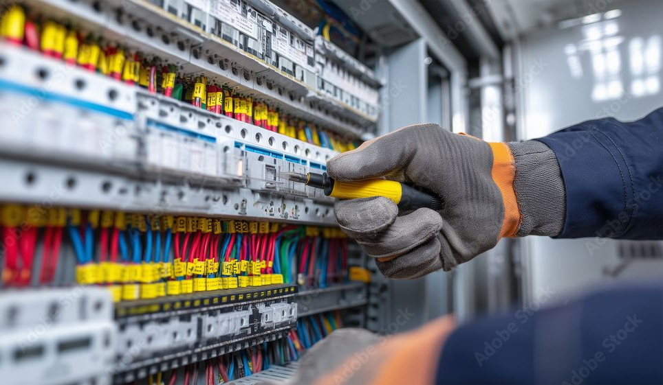 Électricien travaillant sur un panneau électrique, portant des gants, avec des fils et des disjoncteurs visibles.