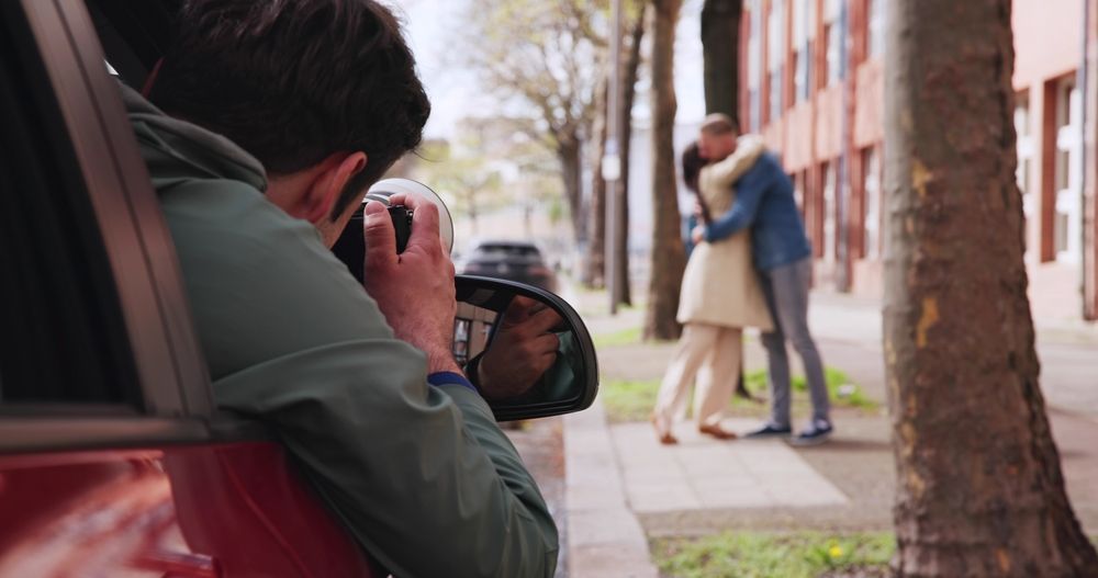 Un hombre está tomando una fotografía de una pareja besándose en la acera.