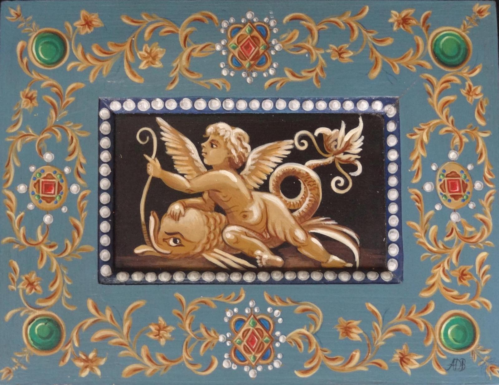 Atelier Guigue, 75003 Paris. Coffret décor arabesques, ange et perles