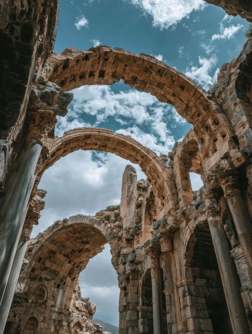 Ruinas de una antigua estructura con techos abovedados abiertos a un cielo azul nublado.