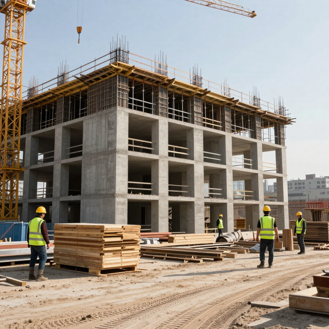 Obra en construcción con edificio de