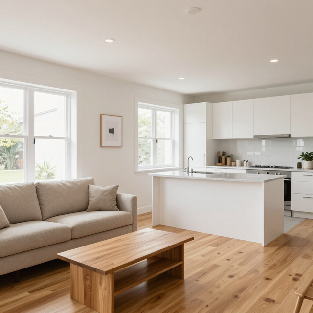 Luminoso salón y cocina modernos con sofá beige, mesa de centro de madera, armarios blancos y suelos de madera.