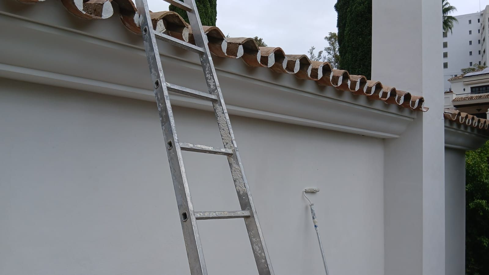 Escalera apoyada contra una pared exterior blanca con tejas en el tejado.