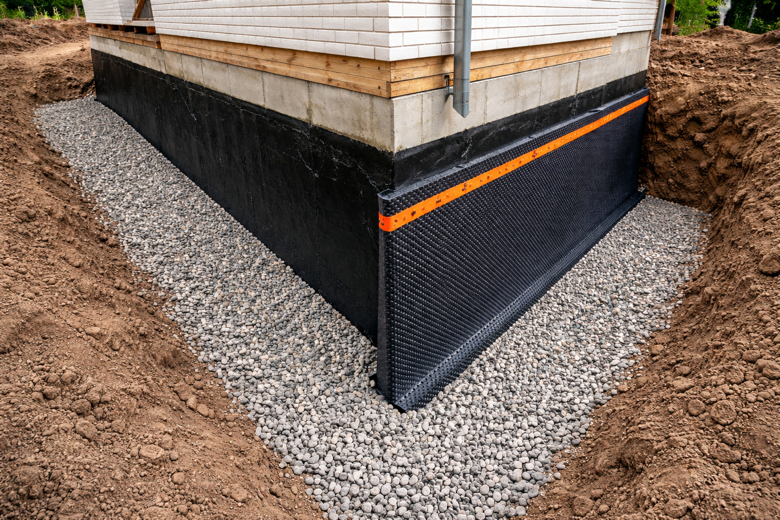 Coin de fondation avec membrane de drainage noire, gravier et terre environnante.