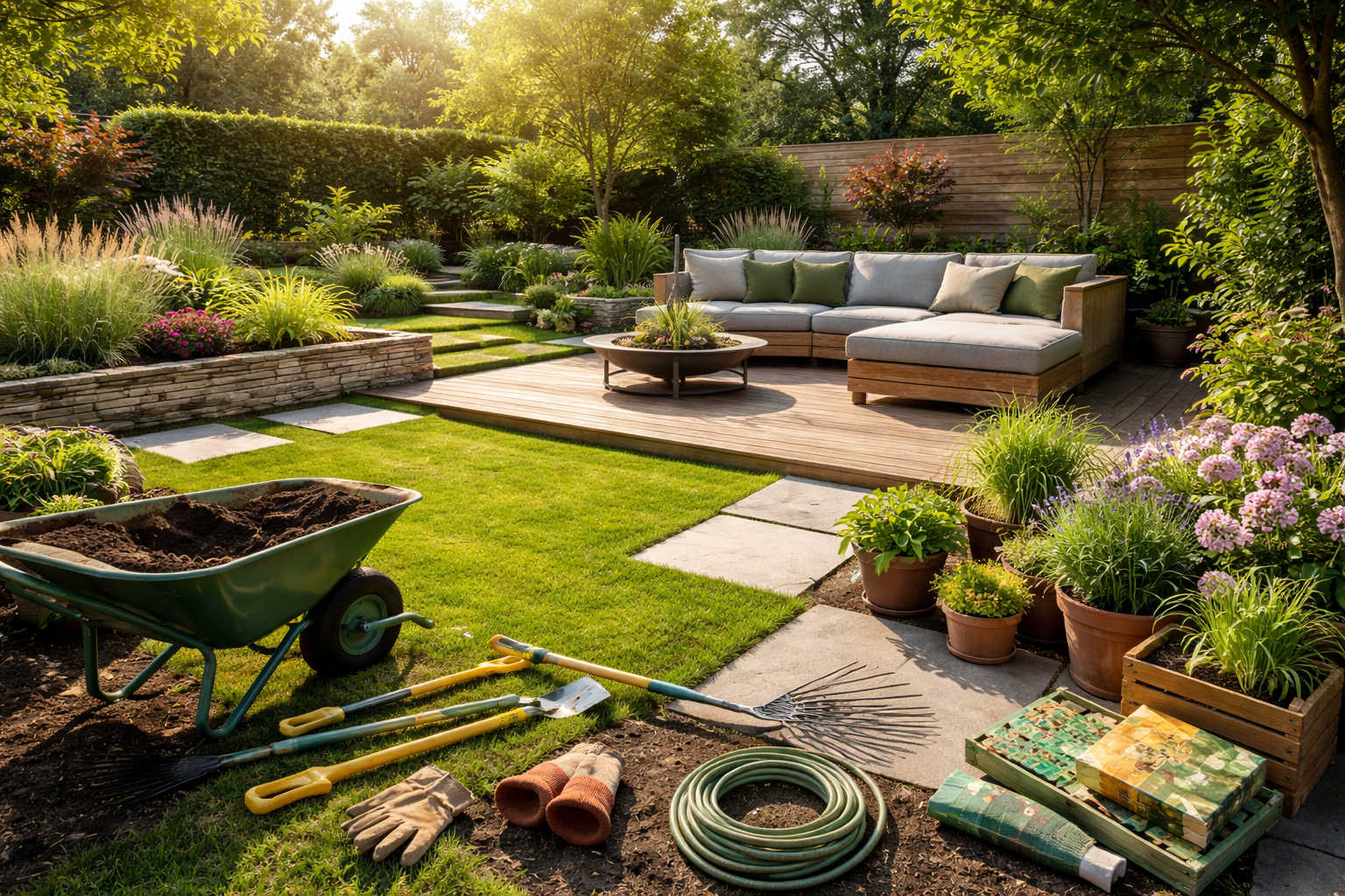 Jardin luxuriant à l'arrière avec mobilier de jardin, outils et plantes en pot baignées de soleil.
