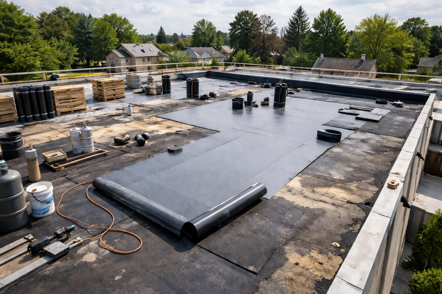 Toiture plate en construction avec revêtement en bâche noire en rouleau. Ouvriers et matériel visibles.
