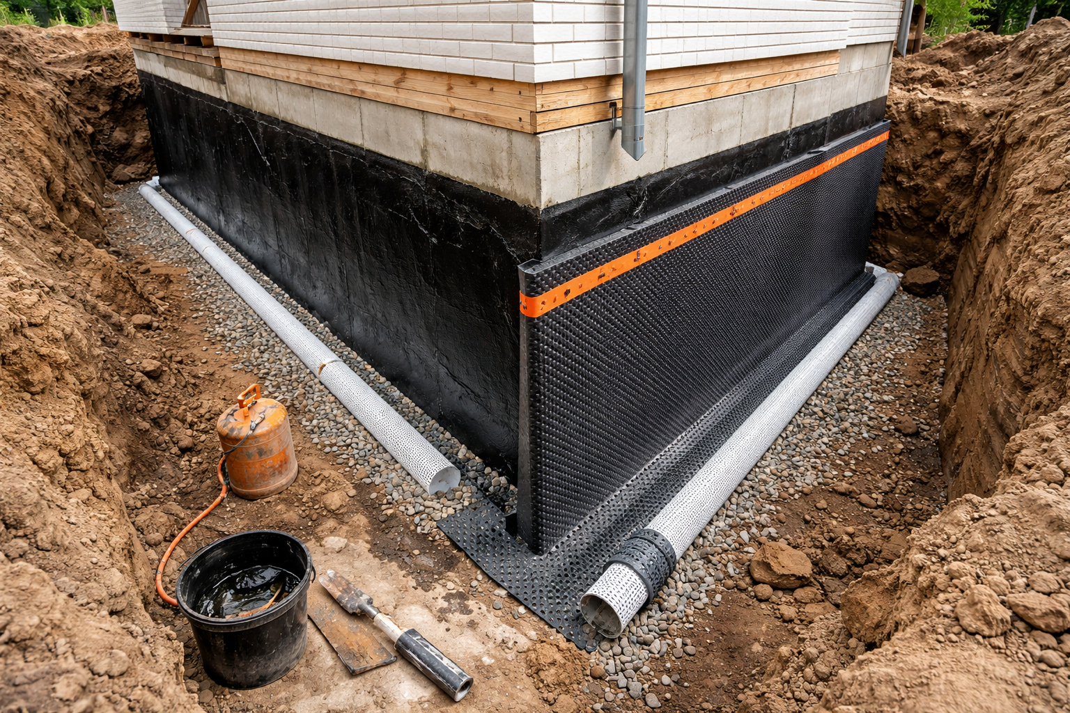 Construction des fondations, montrant une membrane de drainage noire, du gravier et un tuyau, dans une excavation.