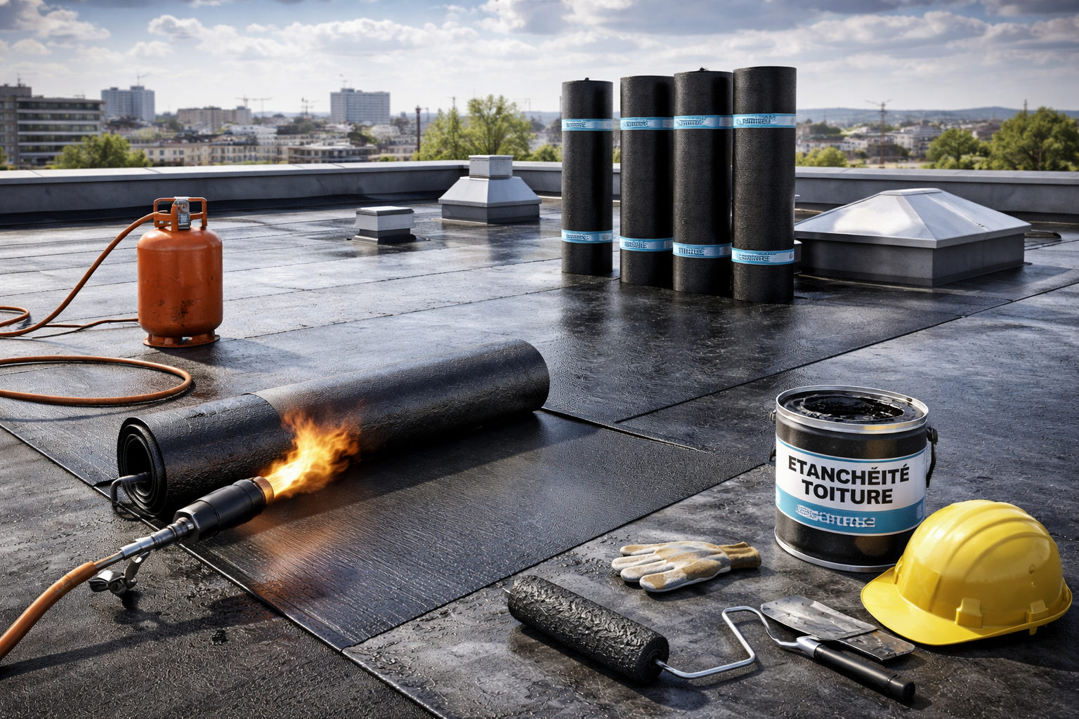 Réparation d'un toit plat à l'aide d'un chalumeau à propane, de matériaux de toiture et d'outils.