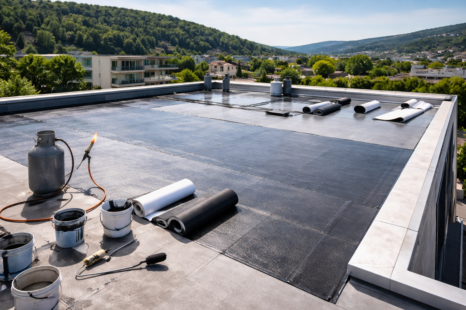 Travaux en cours sur un toit plat ; rouleaux de matériau de couverture, chalumeau et outils visibles.