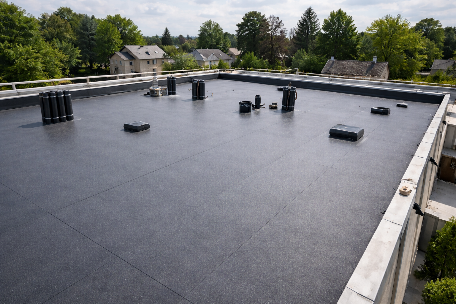 Toit plat noir à usage commercial, avec aérations et points d'accès.