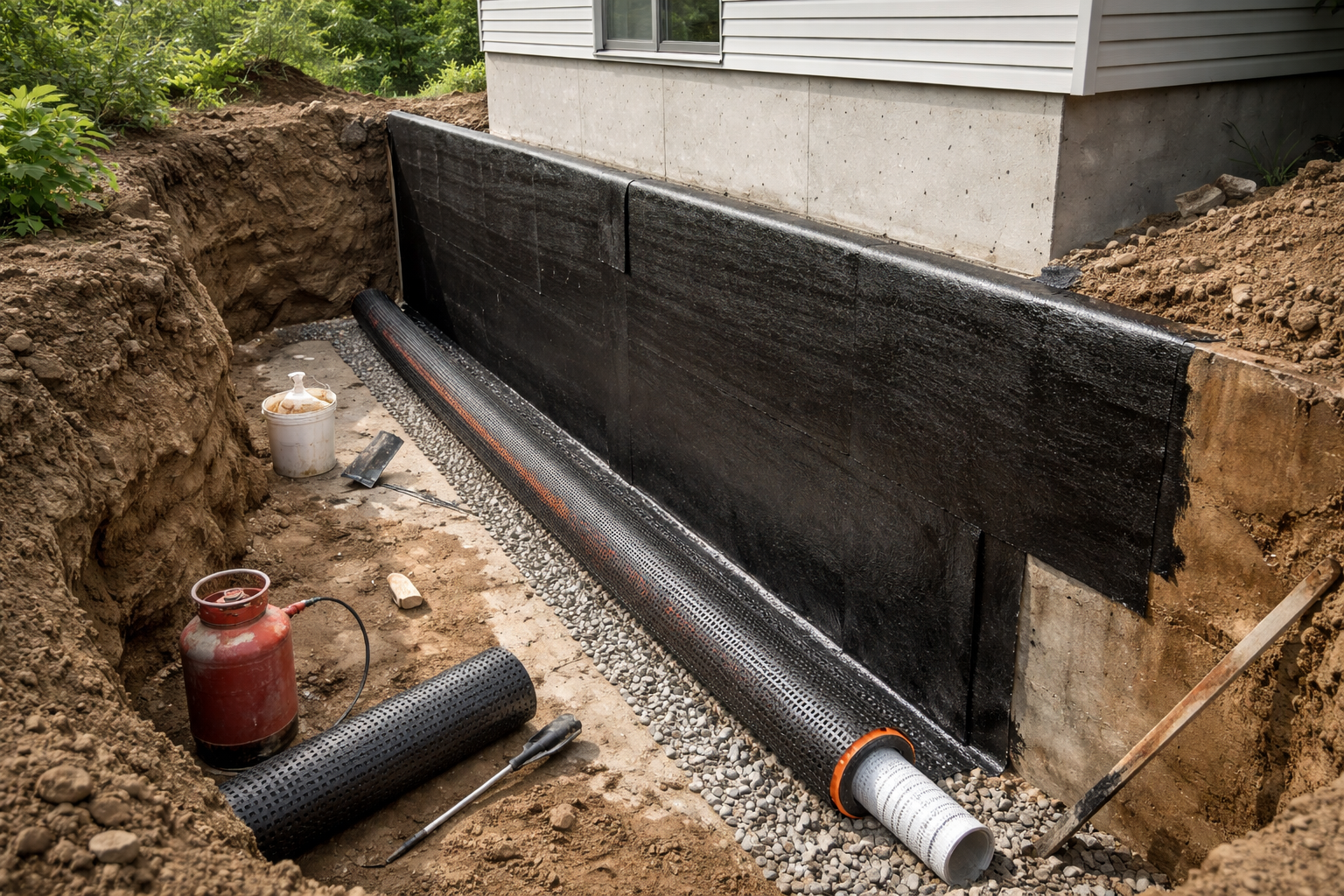 Imperméabilisation des murs de fondation avec installation de tuyaux de drainage pendant la construction.