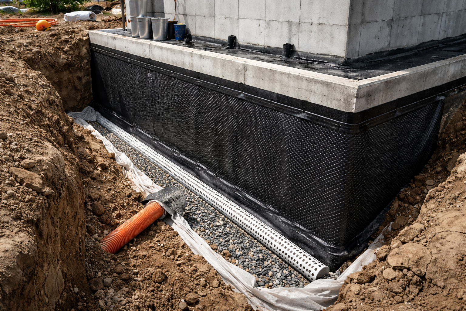 Étanchéité des fondations : une membrane noire recouvre les fondations en béton. 