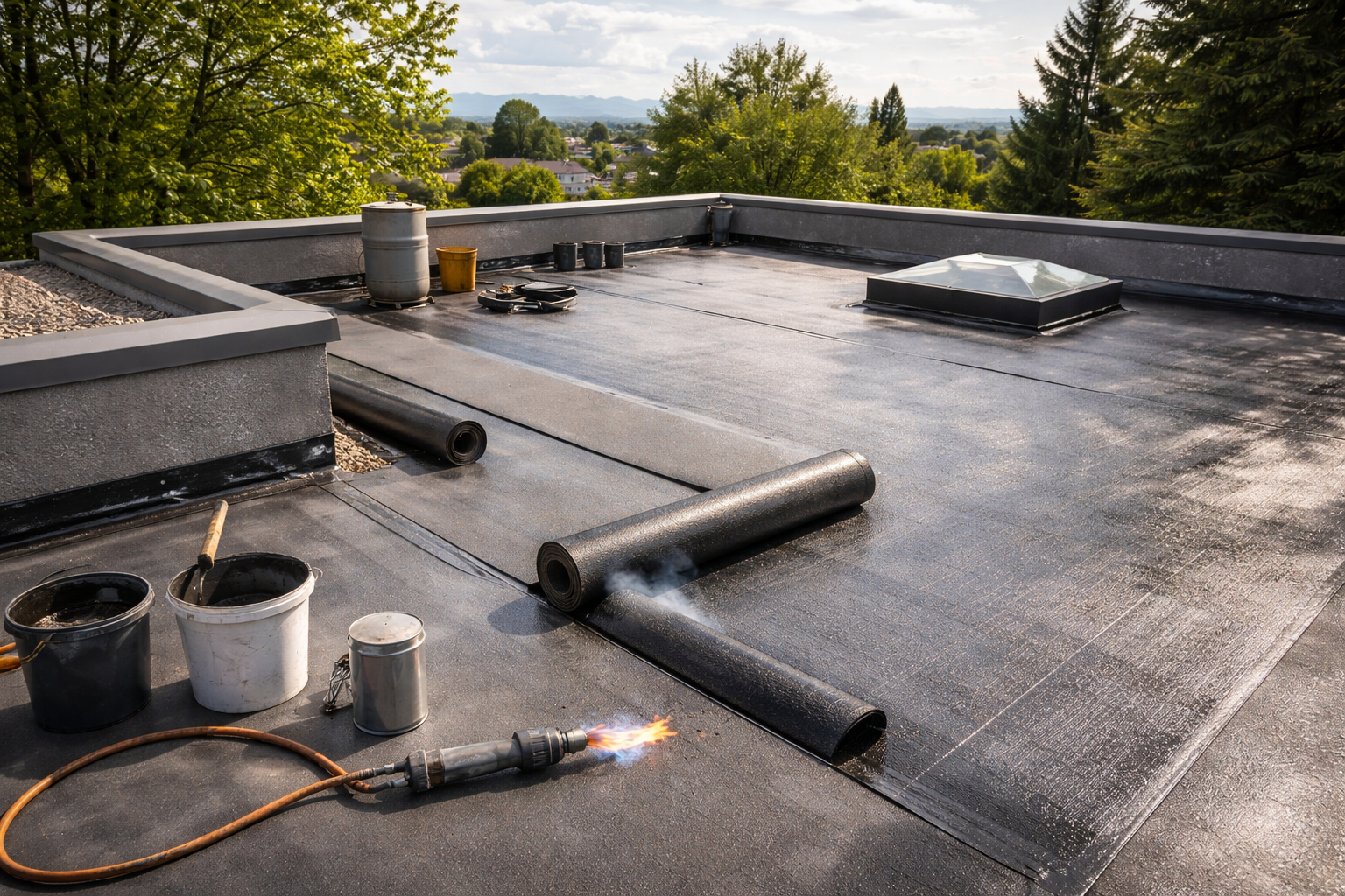 Réparation d'un toit plat, utilisation d'un chalumeau pour souder les matériaux de couverture.