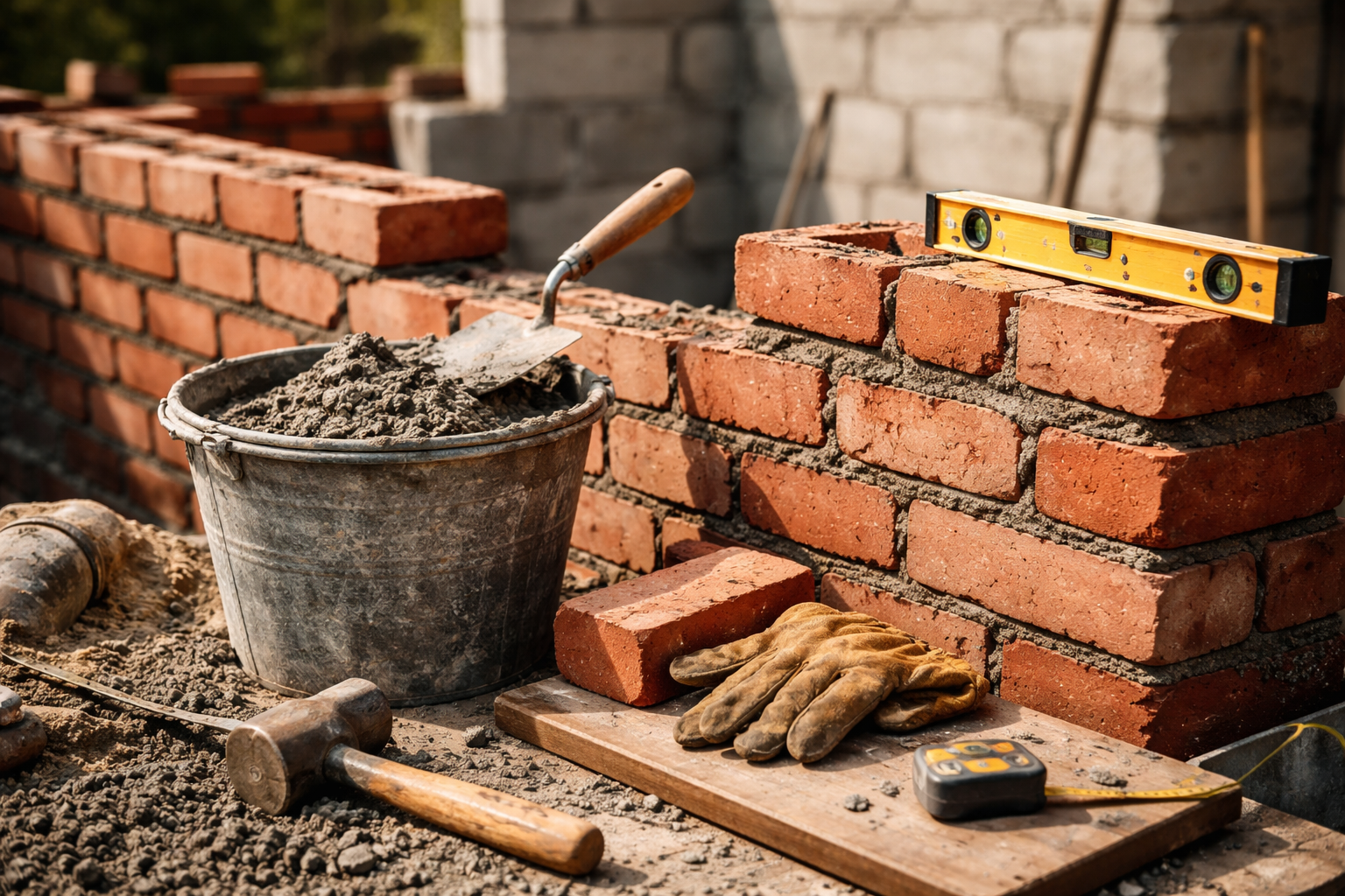 Chantier de maçonnerie avec briques, mortier, outils et niveau.