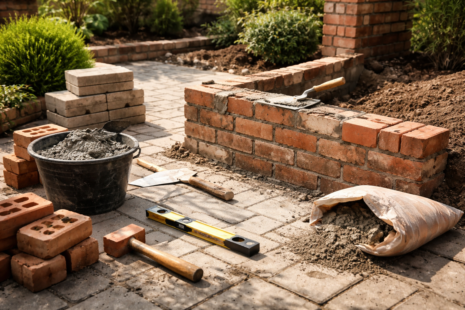 Projet de maçonnerie avec briques, mortier, outils et un mur partiel en construction à l'extérieur.