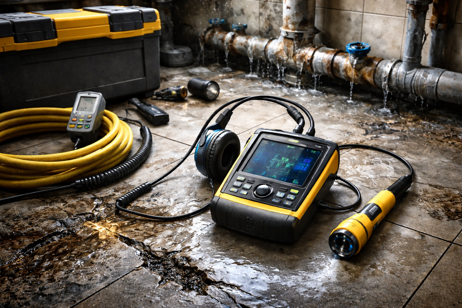 Matériel d'inspection de plomberie sur un sol carrelé mouillé, près de tuyaux qui fuient. 