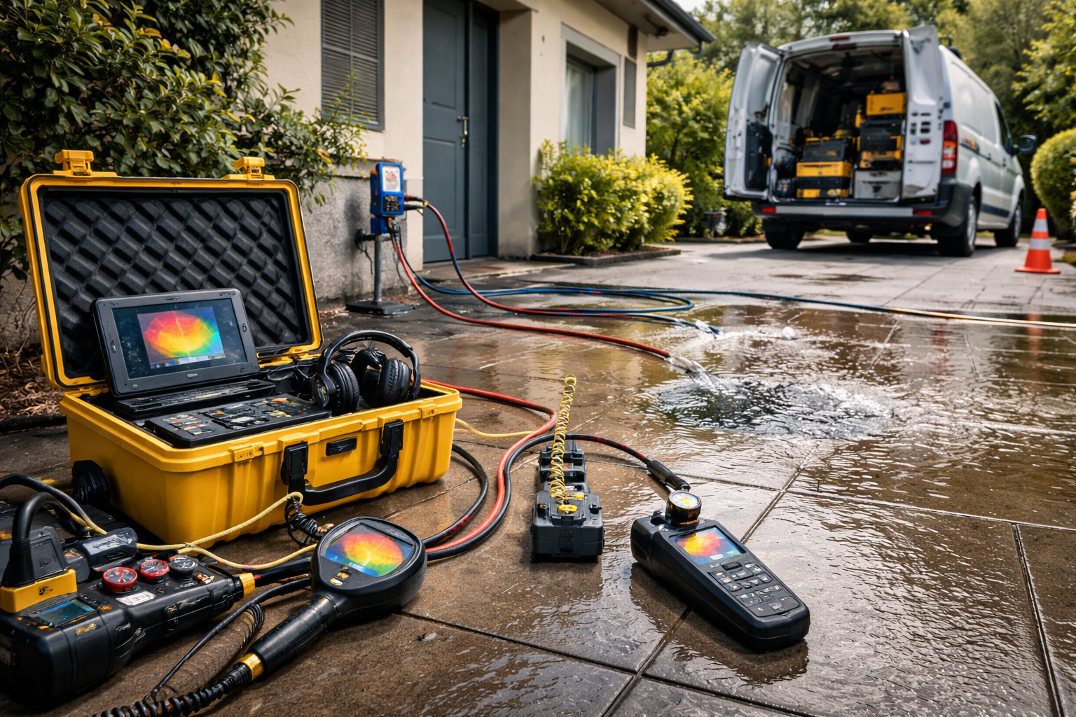 Du matériel de détection de fuites est installé sur un trottoir mouillé, à côté d'un bâtiment et d'une camionnette ouverte.