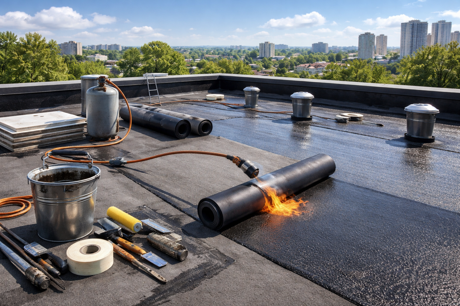Un couvreur applique une membrane soudée au chalumeau sur un toit plat.