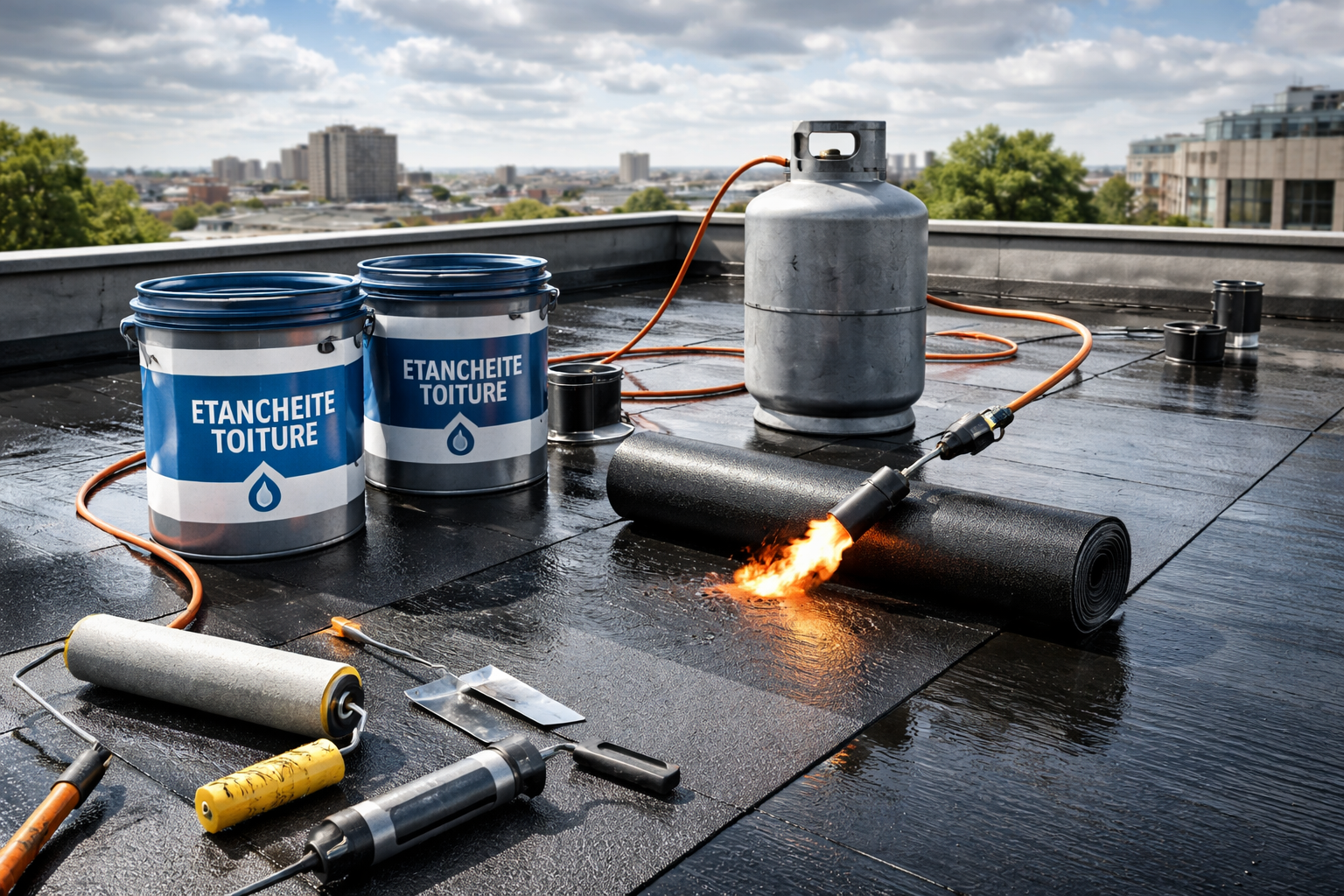 Travaux de toiture en cours avec chalumeau, bonbonne de gaz et goudron.