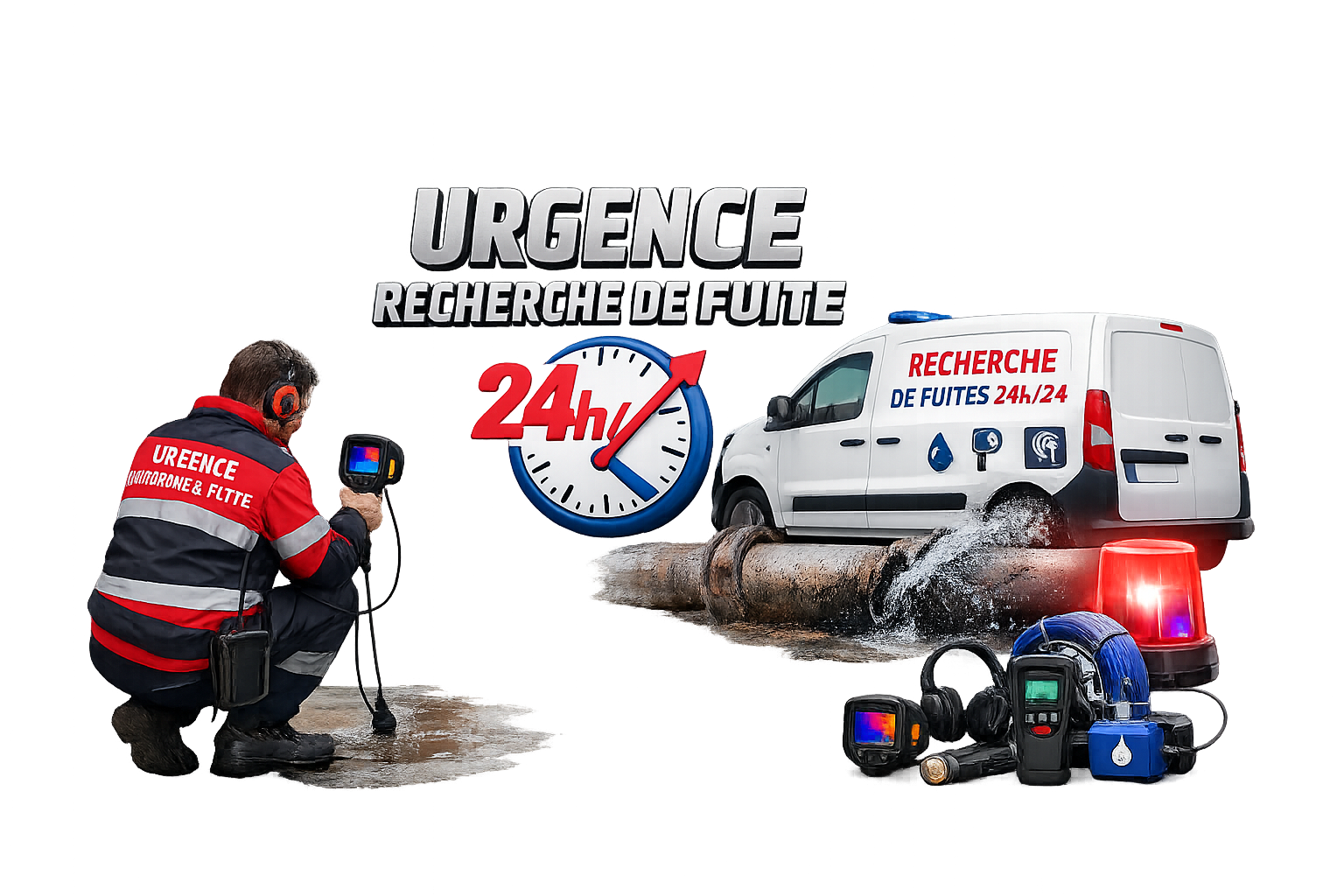 Un homme utilise un appareil de détection de fuites près d'une canalisation qui fuit, véhicule d'intervention d'urgence.