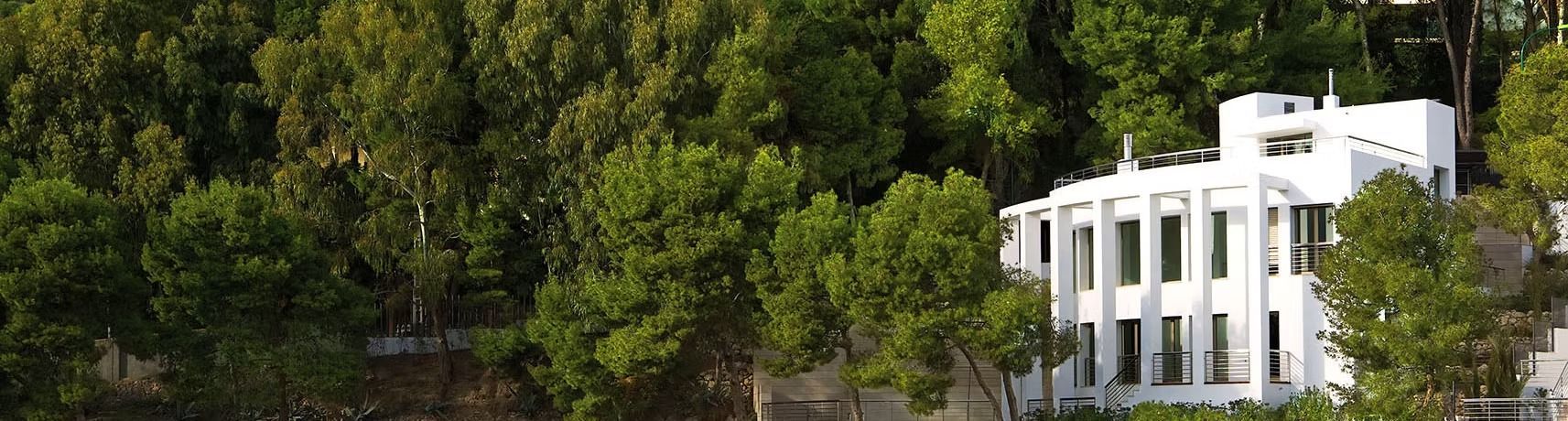 Edificio blanco con columnas parcialmente ocultas por árboles verdes en un entorno de ladera boscosa.