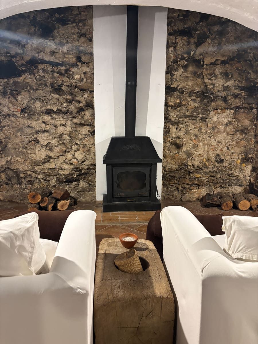 Acogedora habitación con chimenea negra, sofás blancos y paredes de piedra; troncos apilados a los lados.