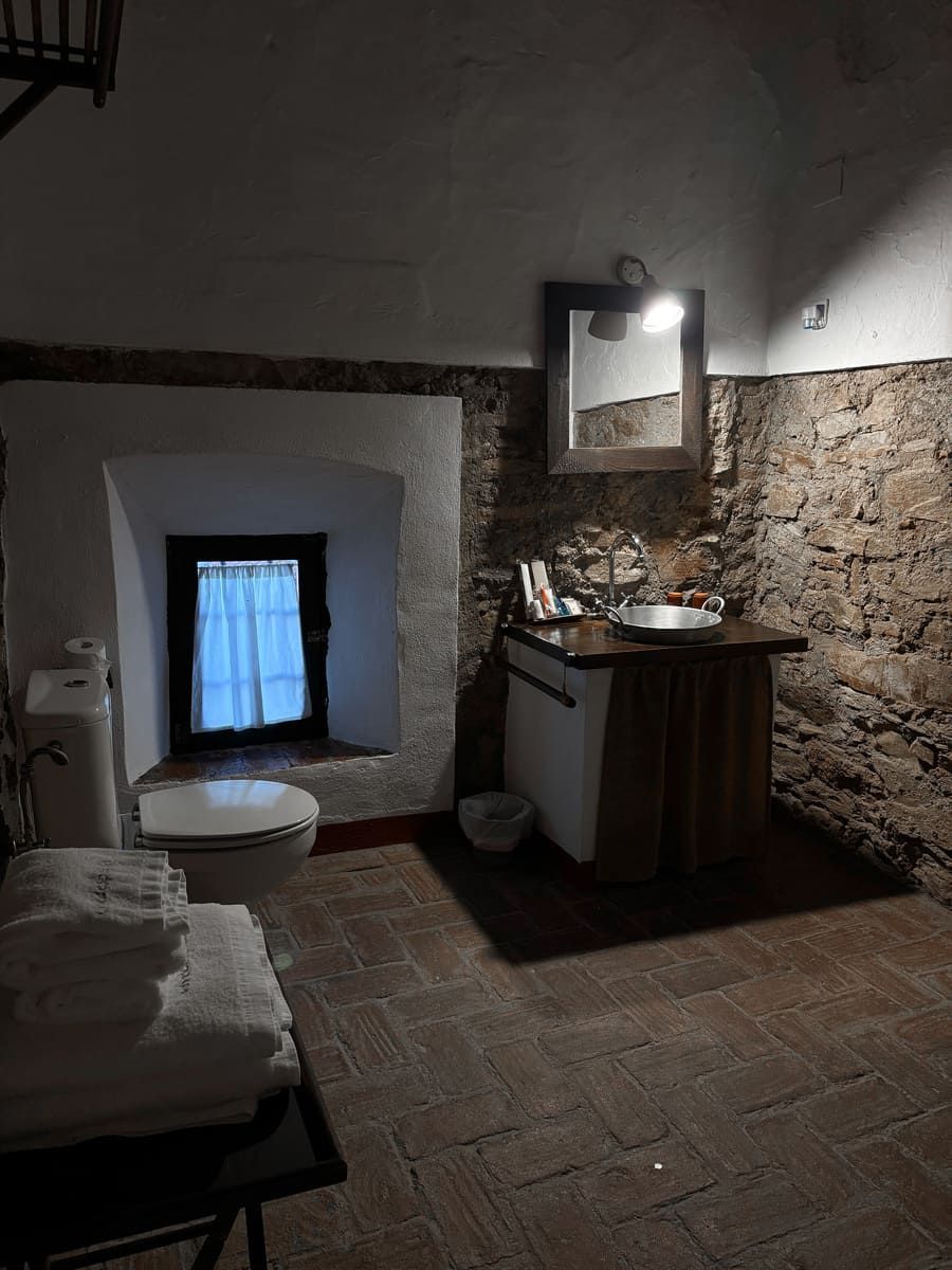 Baño con paredes de piedra, pequeña ventana, inodoro, lavabo y toallas.