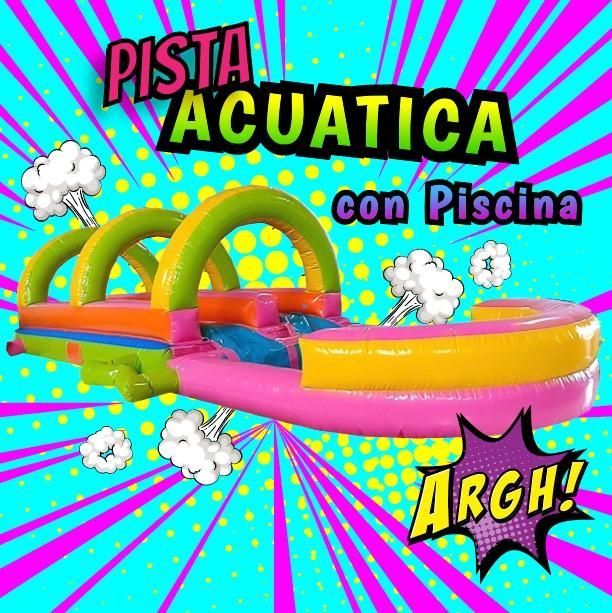 Tobogán acuático inflable con piscina, diseño colorido y texto 