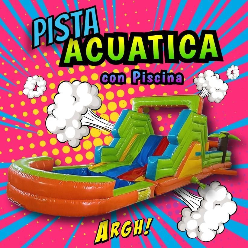 Tobogán acuático inflable con piscina. Diseño colorido en verde, azul y naranja, con fondo de dibujos animados y el texto 
