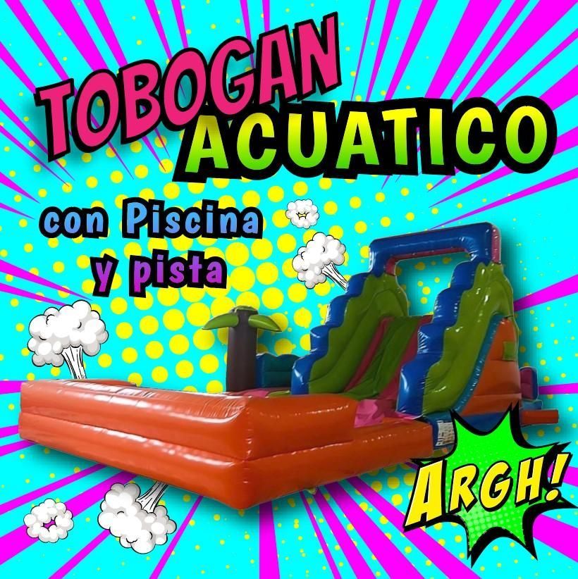 Tobogán acuático inflable con piscina naranja y tobogán verde, texto dice 