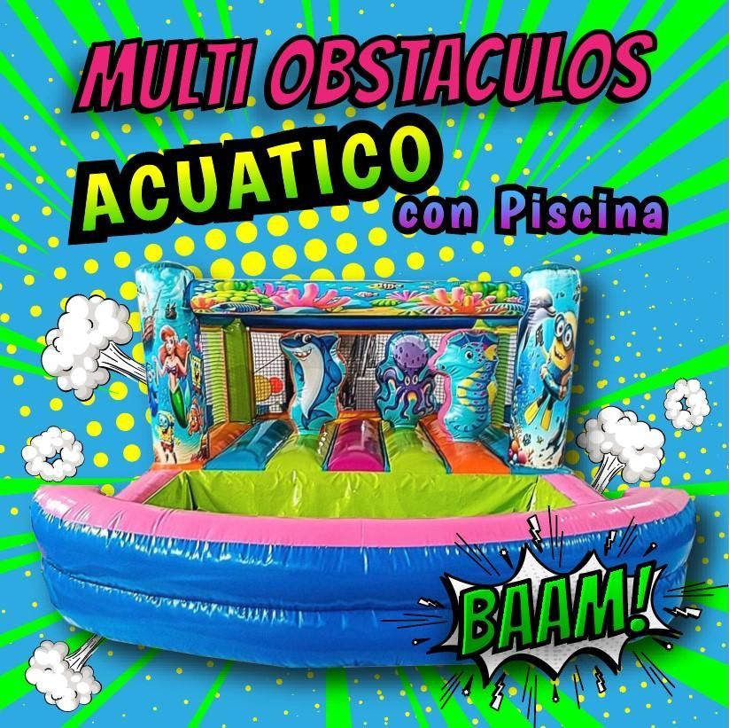 Un parque acuático inflable con pista de obstáculos y piscina, colorido y con temática oceánica.