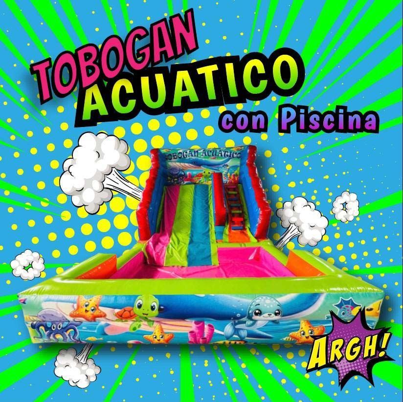 Tobogán acuático con piscina, de colores brillantes. Texto 