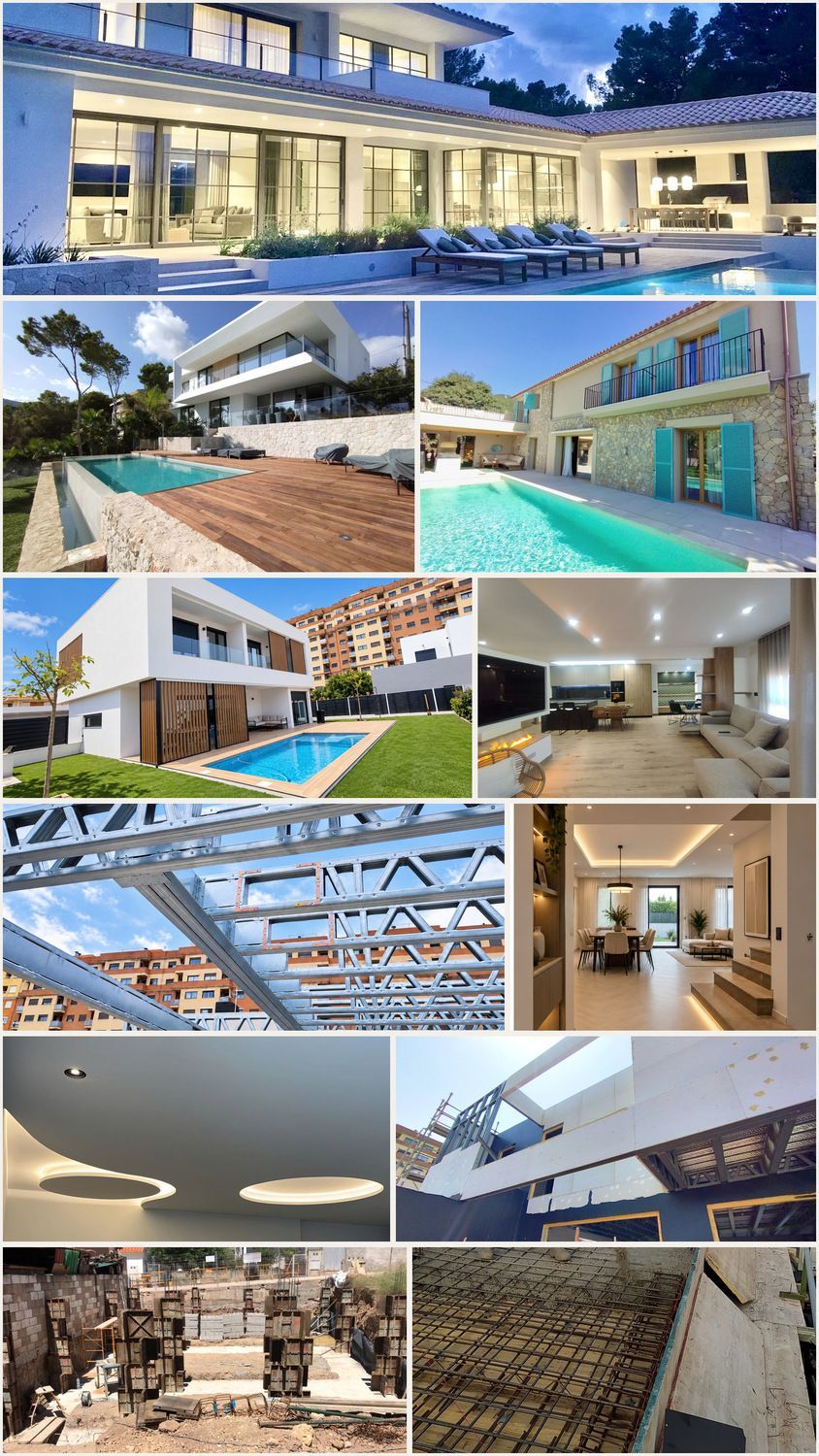 Collage de interiores y exteriores de una villa de lujo, con piscina, terraza y detalles arquitectónicos modernos