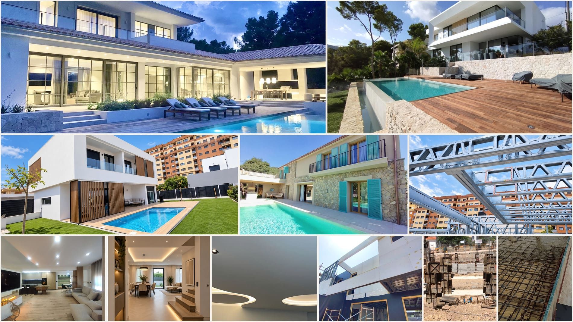 Collage de modernas casas de lujo con piscinas, patios y luminosos espacios interiores y exteriores