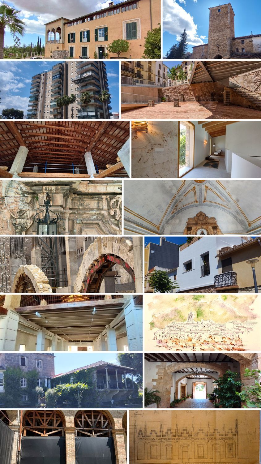 Collage de edificios, arcos, torres y murallas en un paisaje urbano histórico de tonos cálidos