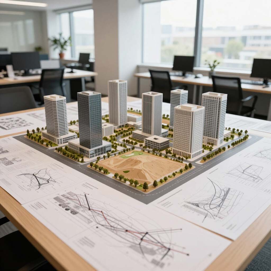 Maqueta arquitectónica de un moderno complejo de apartamentos sobre un escritorio, junto a bocetos de diseño en una oficina