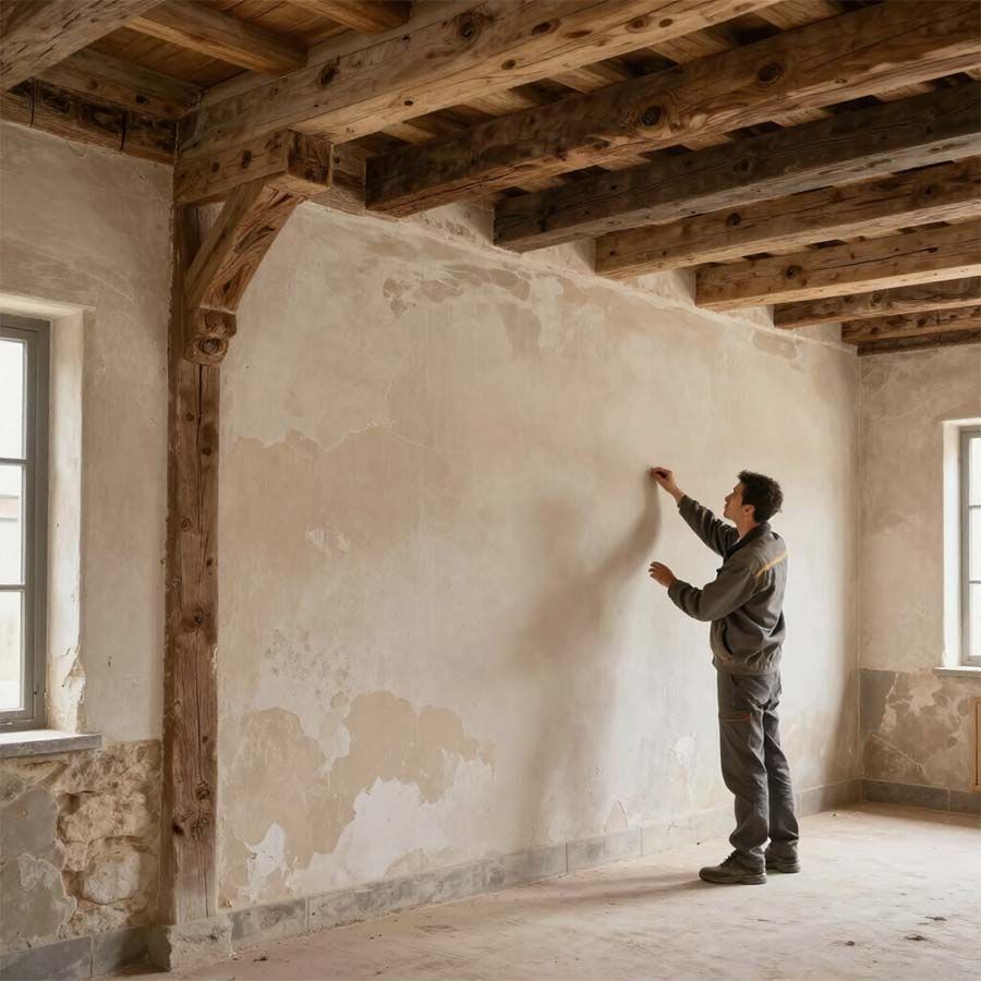 Un trabajador enluciendo una pared de una estancia rústica con vigas de madera a la vista y ventanas