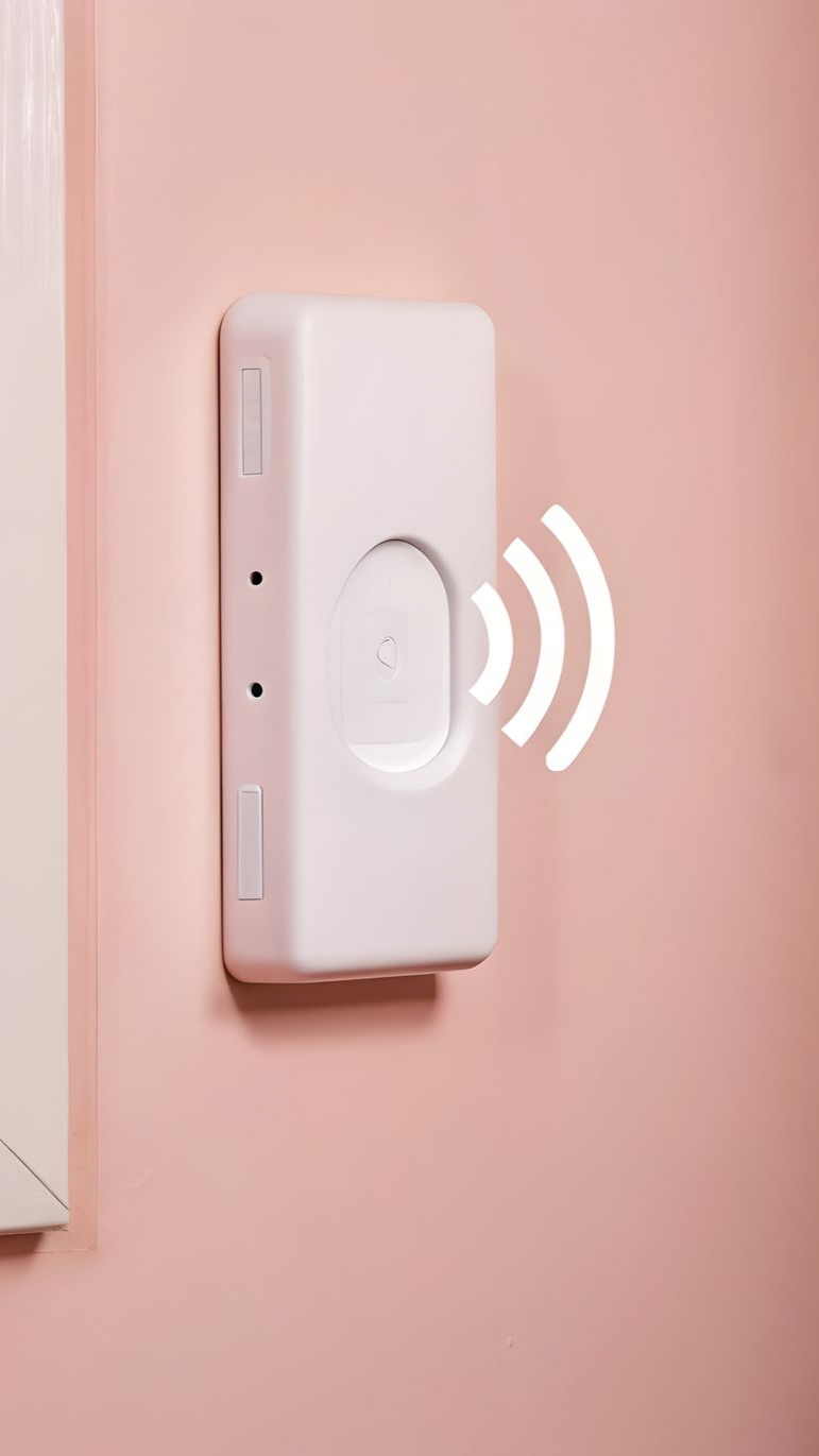 Dispositif rectangulaire blanc fixé sur un mur rose, émettant un signal sans fil.