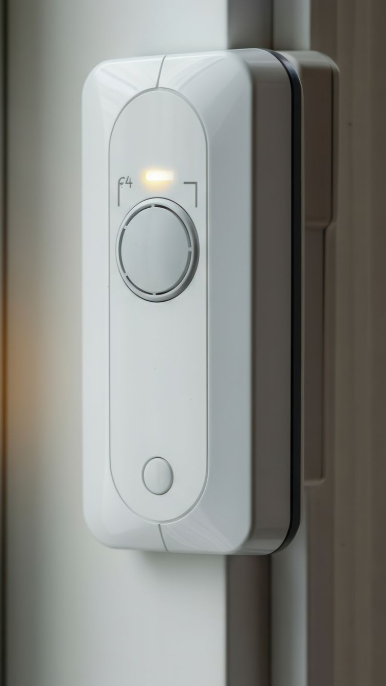 Appareil électronique blanc avec un bouton et une molette, monté sur un cadre de porte blanc.