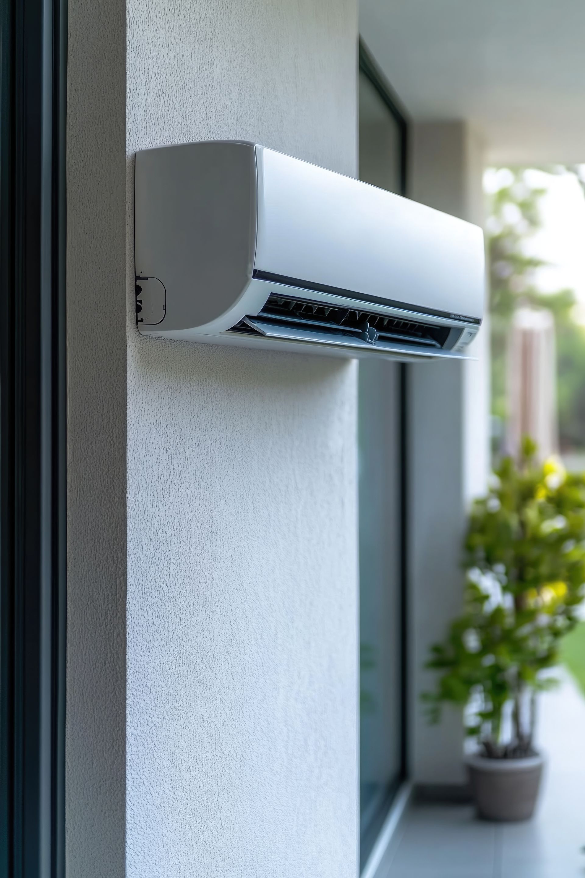 Unité de climatisation blanche fixée sur un mur extérieur texturé à côté de portes vitrées, avec une plante en pot visible.