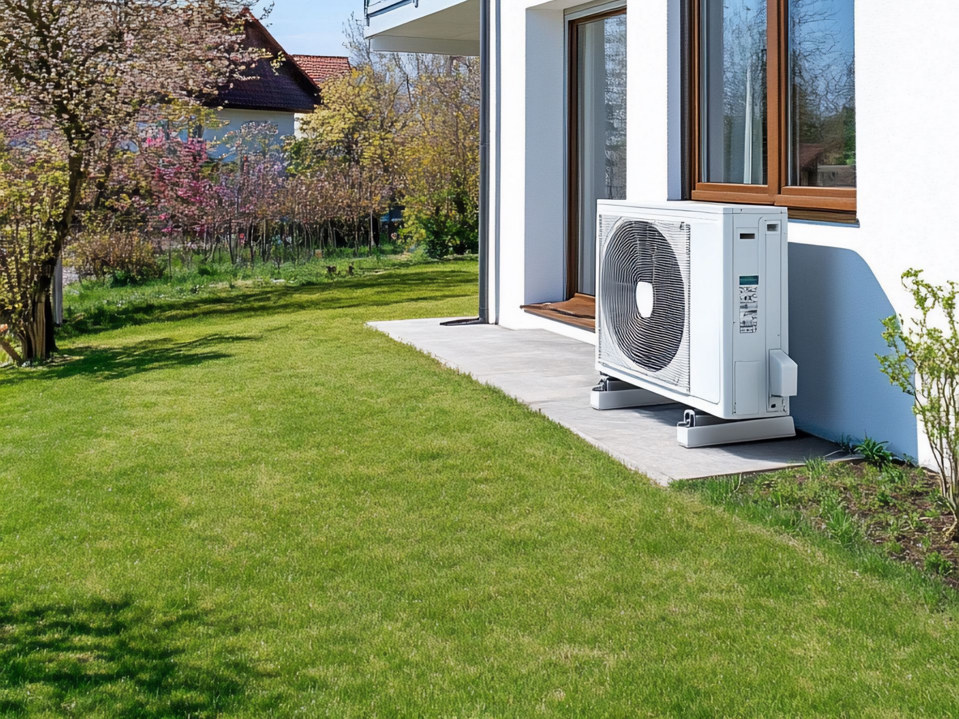 Unité de pompe à chaleur air-air à côté d'une maison blanche avec une pelouse verte.
