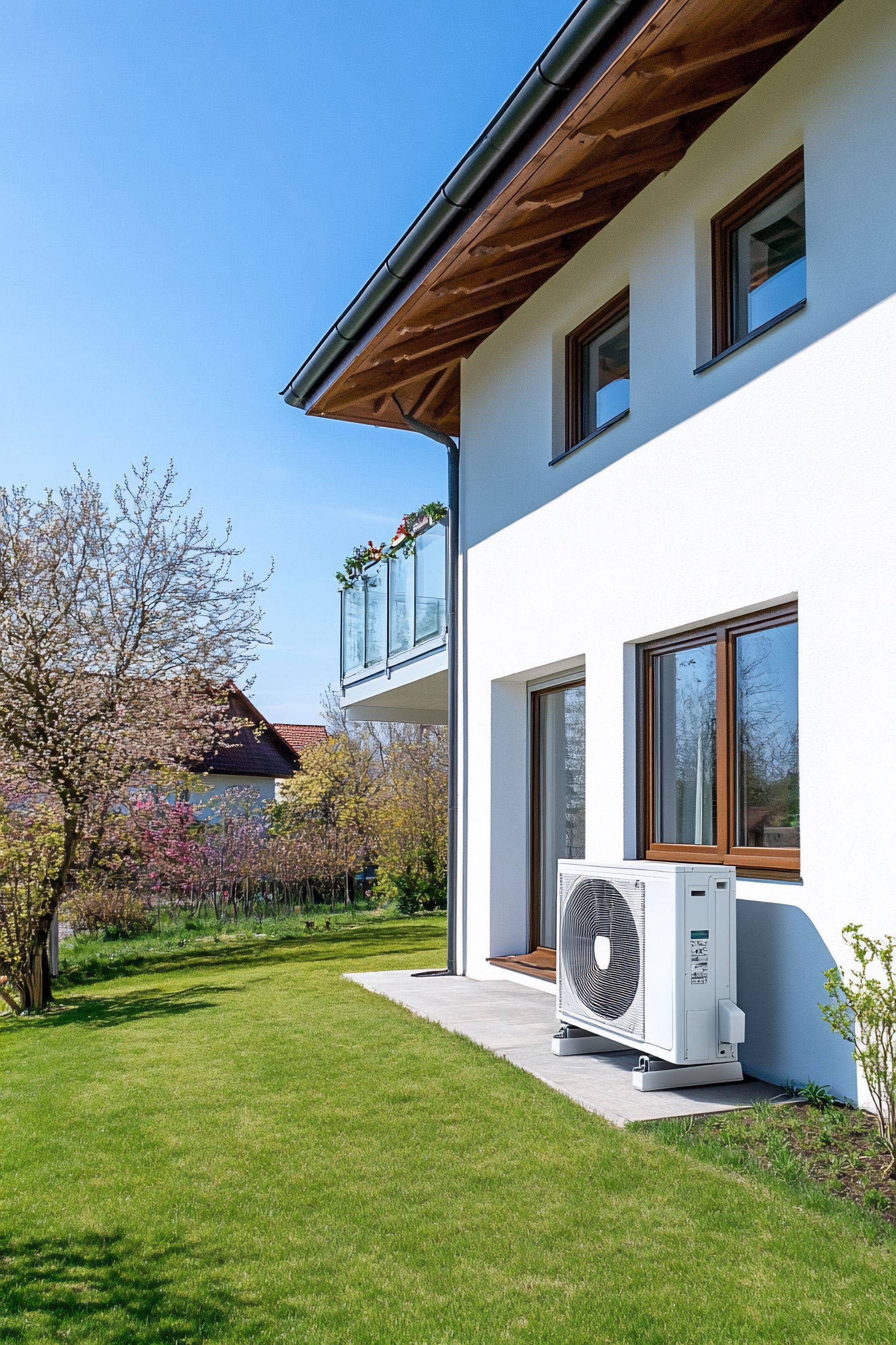 Maison blanche avec climatiseur sur une pelouse sous un ciel bleu.
