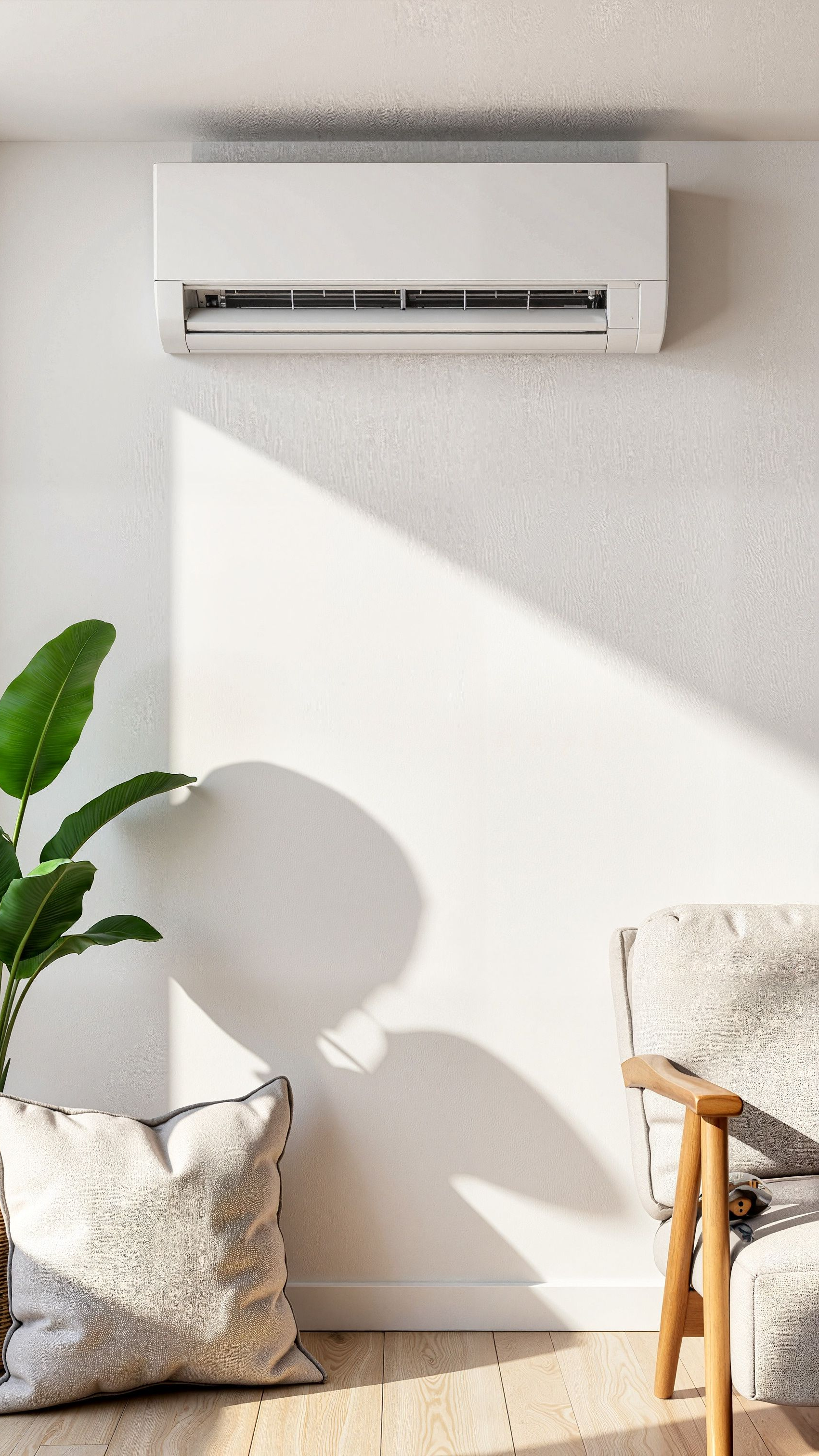 Climatiseur blanc fixé sur un mur blanc texturé, où la lumière du soleil projette des ombres.