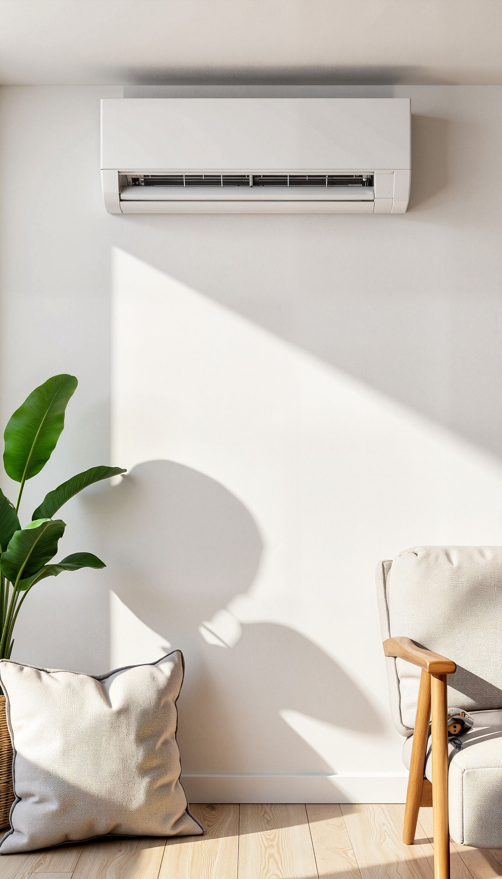 Climatiseur mural blanc. Intérieur avec chaise, coussin et plante. Lumière du soleil filtrant à travers le mur.