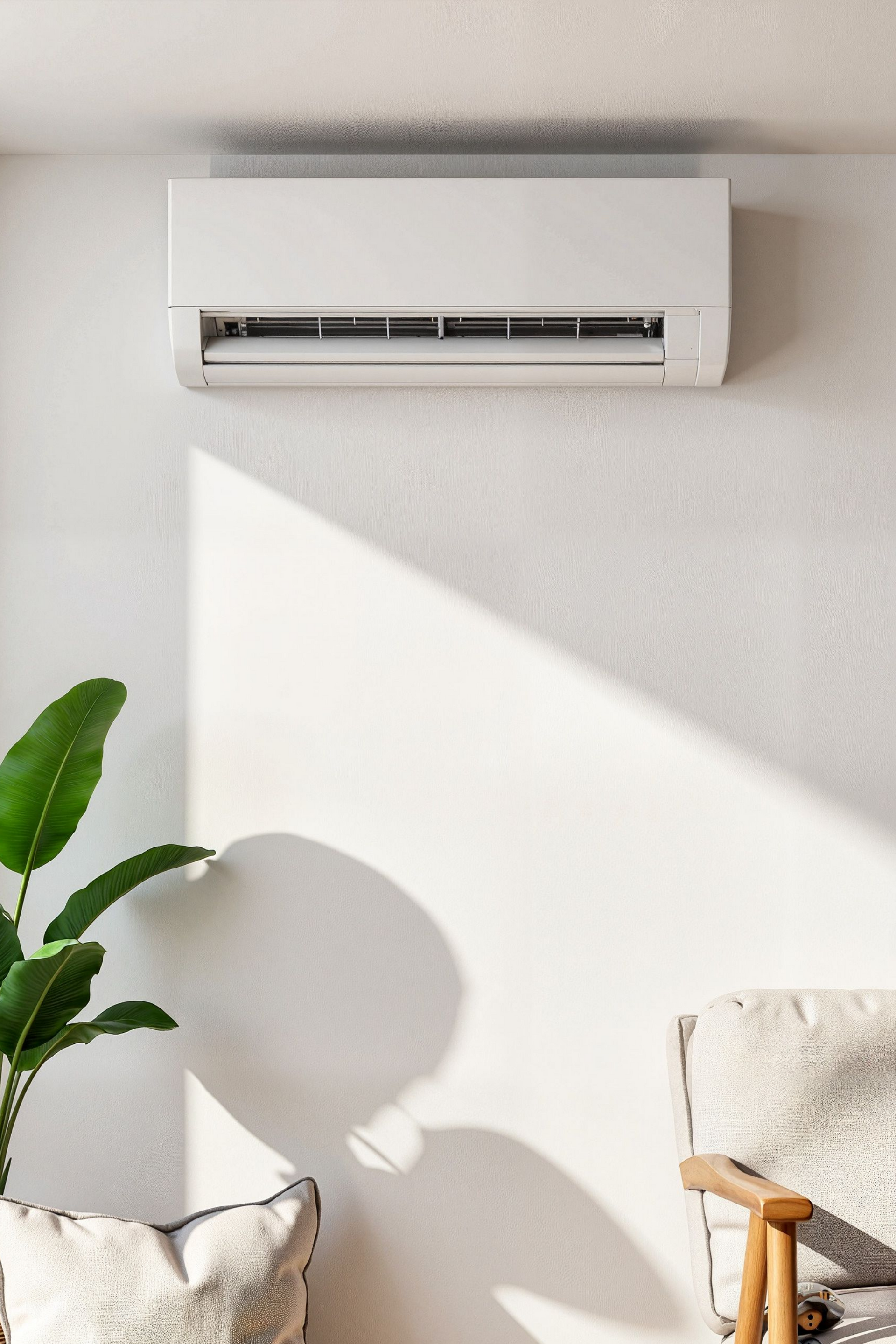 Climatiseur mural au-dessus d'une chaise et d'une plante en pot, devant un mur blanc baigné de soleil.