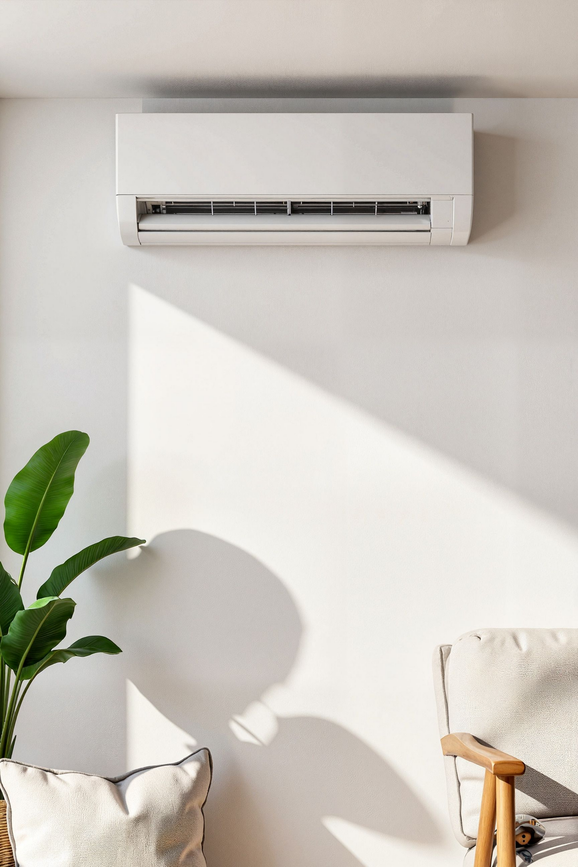 Climatiseur mural blanc au-dessus d'une plante et d'une chaise, avec lumière du soleil et jeux d'ombres.