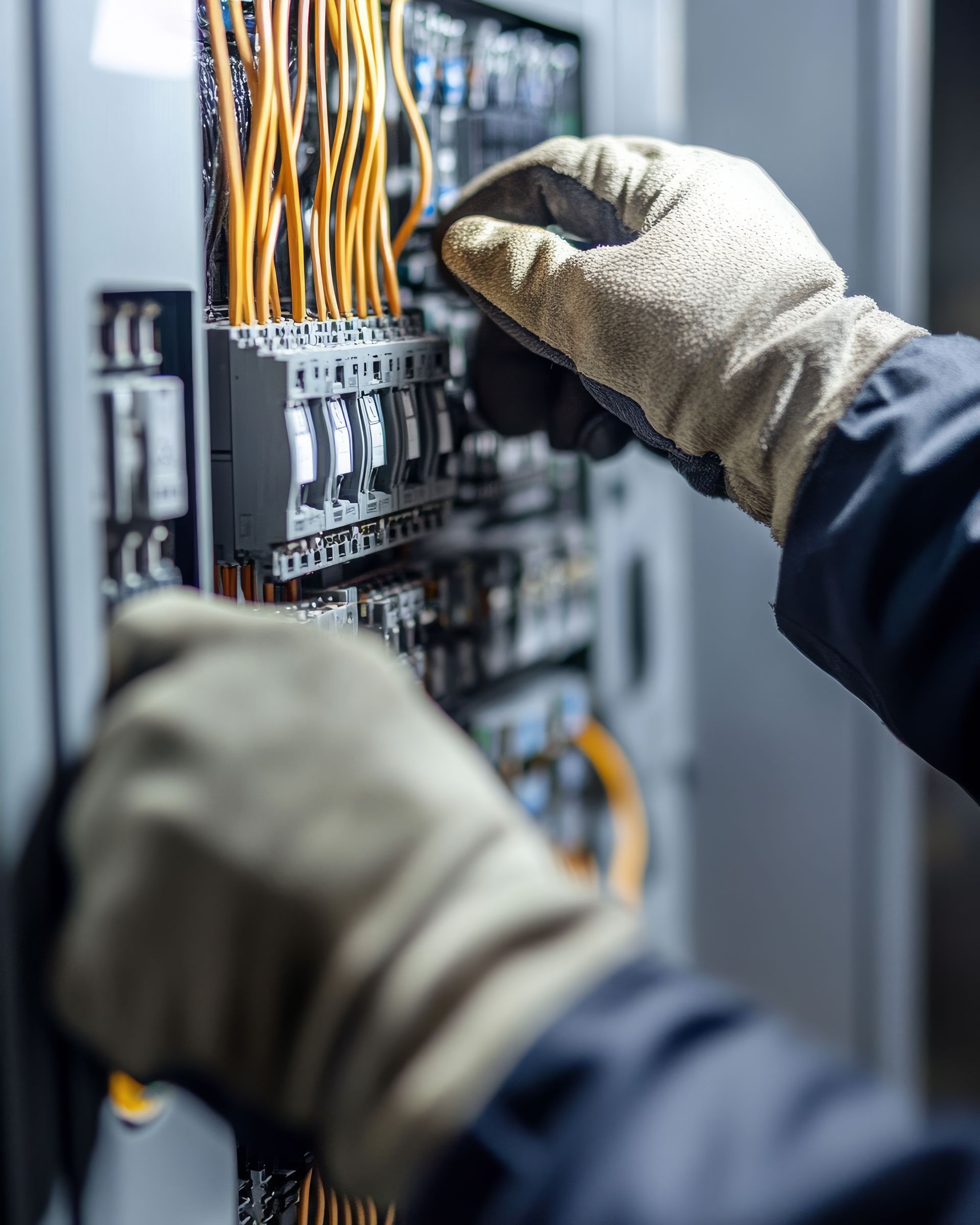 Des mains gantées travaillent sur un tableau électrique, les câbles sont visibles.