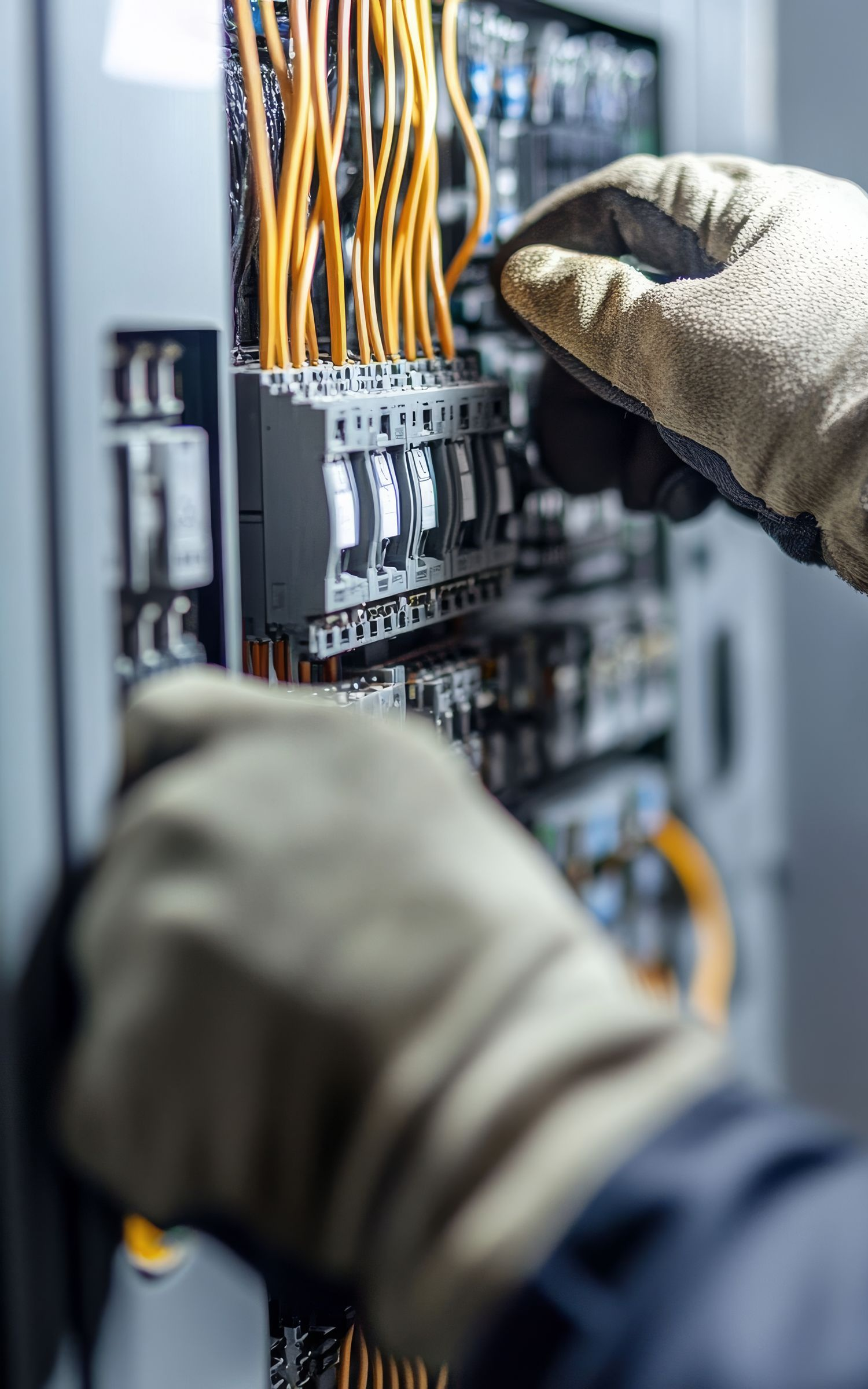 Des mains gantées travaillent sur un tableau électrique, laissant apparaître des fils orange.
