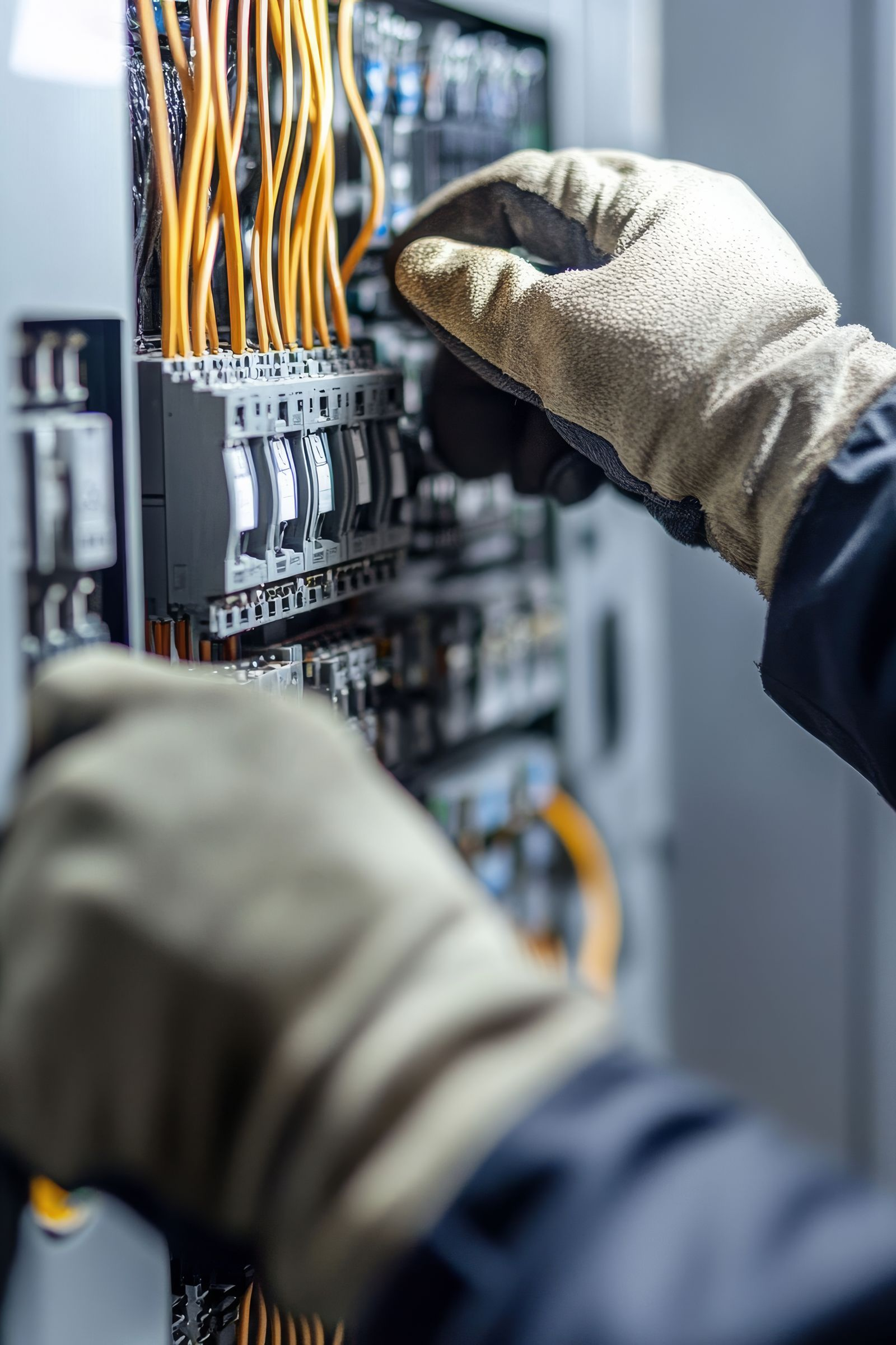 Un électricien portant des gants de travail travaille sur un tableau électrique, avec des fils orange.