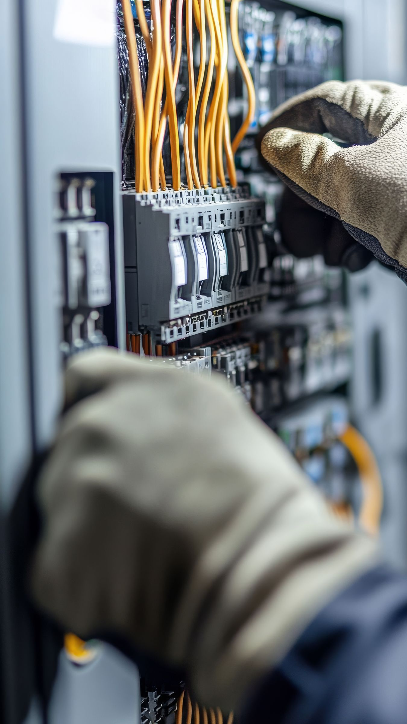 Des mains gantées travaillent sur le câblage électrique d'un panneau.